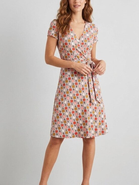 Boden Dresses & Skirts - Boden Retro Floral Jersey Stretch Wrap Dress Pink Coral Mustard Size 4